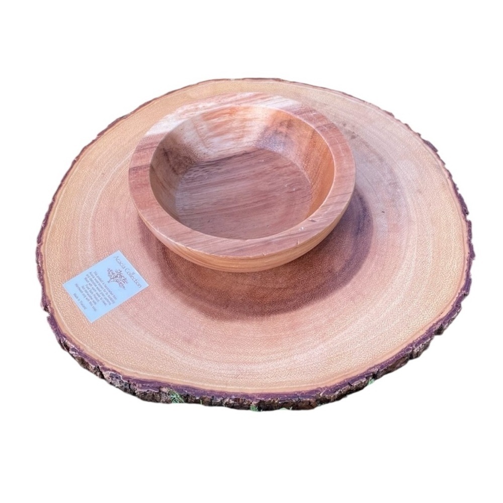ACACIA COLLECTION Handcrafted Wood Slice Raw Edge Serving Tray Attached Bowl